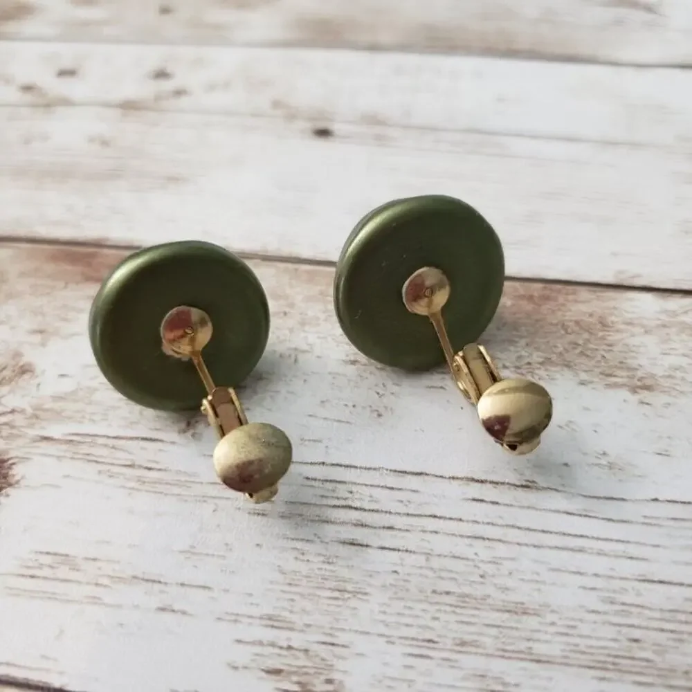 Vintage Richelieu Clip On Earrings - Uneven Domed Circle Metallic Green